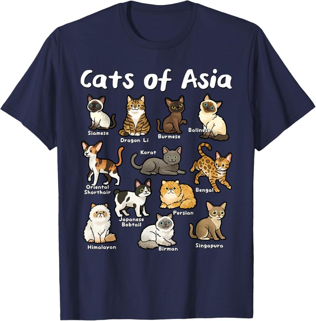 Cats of Asia Breeds Graphic Tee Casual Cotton Short Sleeve T-Shirt for Men Trip