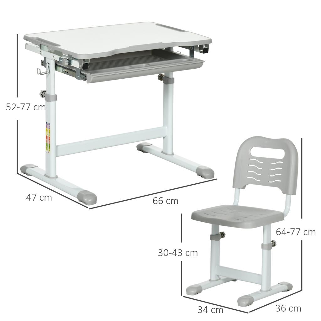 Kids Desk and Chair Set, Student Adjustable Writing Desk, with Drawer, Pen Slot, Hook - Grey