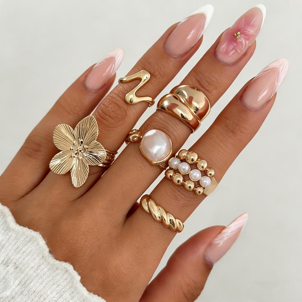 6 Stuks/Set Vintage Geborstelde Bloem Openende Ringen voor Vrouwen Mannen Eenvoudig Imitatie Parel Onregelmatig Meerdere Lagen Ringen Set Sieraden Cadeaus