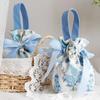Small Floral Canvas Drawstring Bag Small Bowknot Jewelry Pouch With Pearl Chain Wedding Candy Packaging Bag