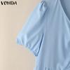 VONDA Women Summer V Neck Short Sleeve Solid Color Twisted Casual Pleated Dress