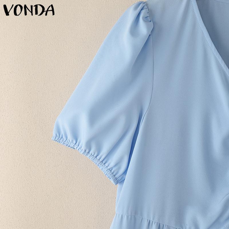 VONDA Women Summer V Neck Short Sleeve Solid Color Twisted Casual Pleated Dress