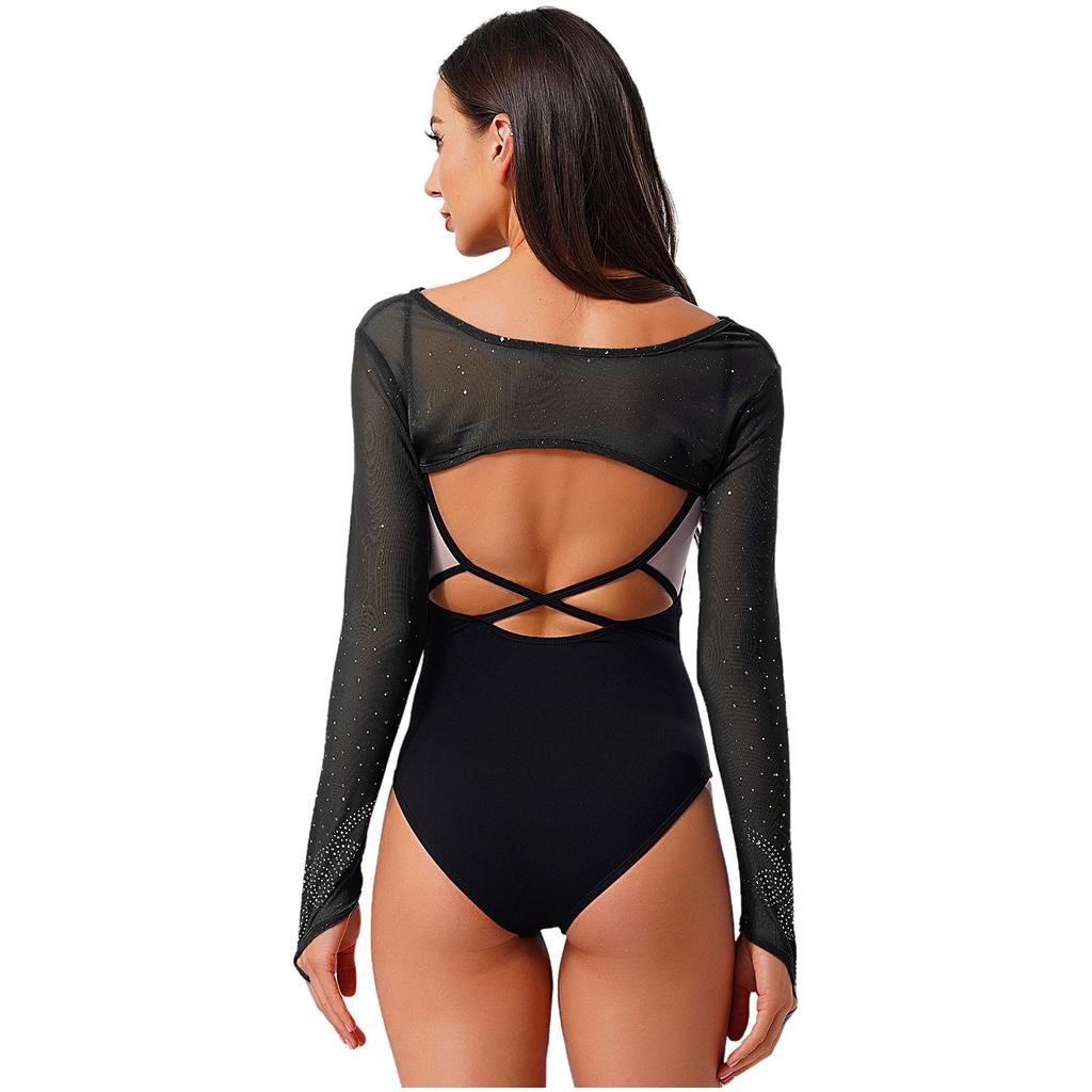 Womens Sparkle Rhinestone Mesh Long Sleeve Dance Crop Top Finger Loop Pullover Shrug Shoulder Cover