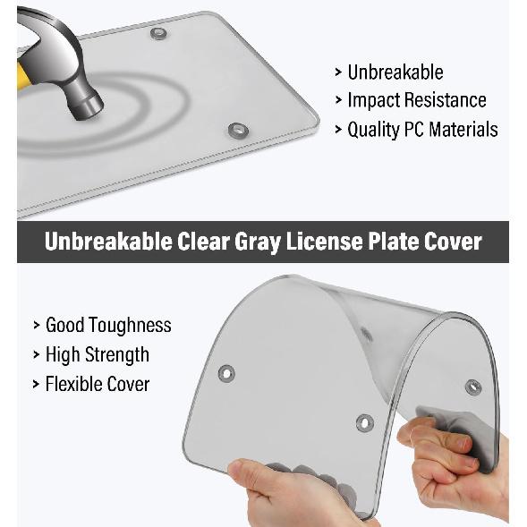 2 Pack License Plate Covers, Clear Flat License Plate Protector Unbreakable Plastic Shields Tag Holder Fits Standard US Plate With Screws Caps (Gray)