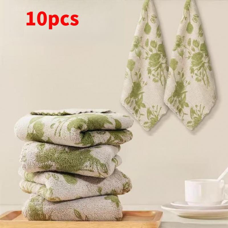 

10pcs Reusable Coral Velvet Dish Towels, Green Rose Design, Thick Soft Lint-Free Wipes for Kitchen Counter, Stove & Sink