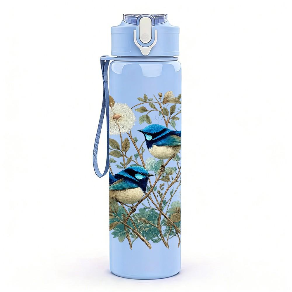 1PC Blue Bird Floral Botanical Print 750ml Color Plastic Sports Water Bottle Leakproof Flip Straw Lid Suitable for Sports Office Home Use