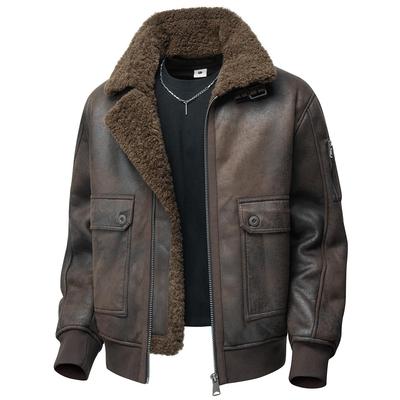 JK2033 Men's Plus Size Leather & Fur Lapel Jacket - Autumn/Winter Collection, Thickened with Velvet for Casual Wear