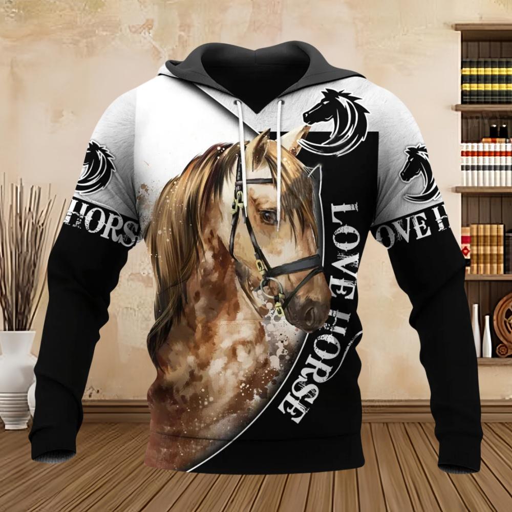 Hoodie Horse Pattern Harajuku Print Pullover Men's Hooded Sweatshirt Oversized Vintage Male Clothing Fall
