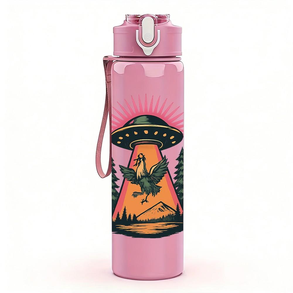 1PC UFO Mountain Retro Art 750ml Color Plastic Sports Water Bottle Leakproof Flip Straw Lid Suitable for Sports Office Home Use