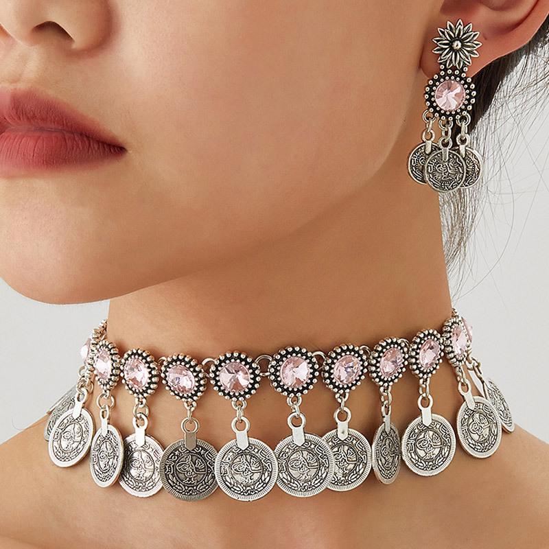 Modieuze Retro Midden-Oosterse Stijl Sprankelende Diamant Munt Vrouwen Sieraden Set - Ketting & Oorbellen
