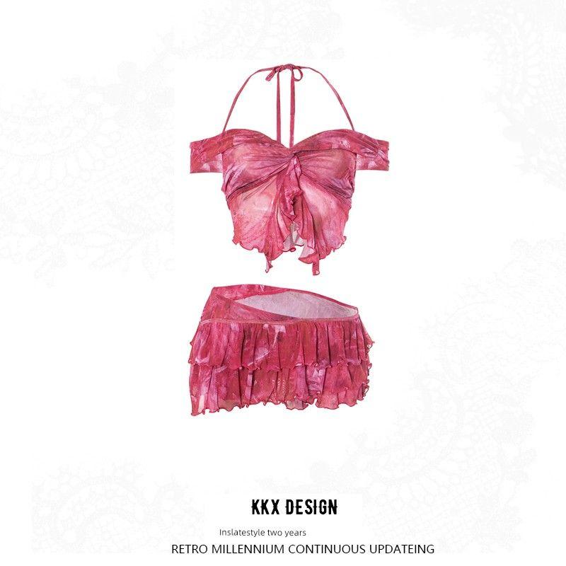 

Kkx Американский винтаж с открытыми плечами, принт розы, топ с разрезом на шее, заниженная талия, короткое платье с оборками, комплект гяру Red L