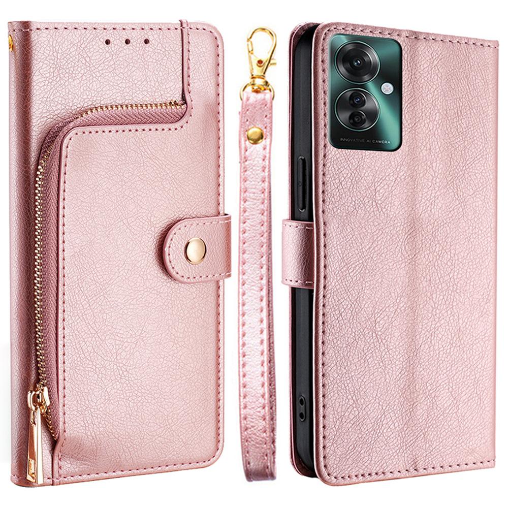 

For Oppo Reno11 F 5G/F25 Pro 5G Phone Case Drop Protection Leather Zipper Wallet Cover Rose Gold