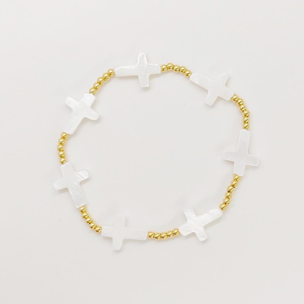 Vlen Natural Shell Cross Bracelet for Women Stretchy Christian Jewelry 18K Gold Plated Beads Bracelets Dainty Pulseras Femme