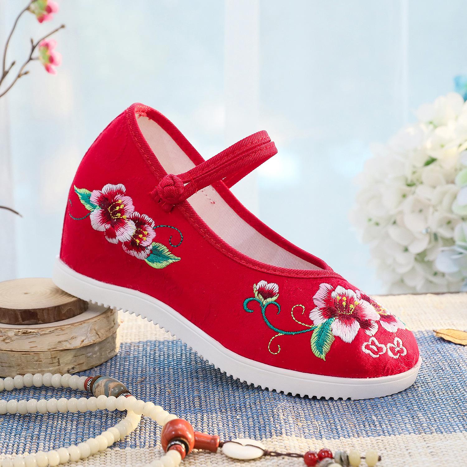 

Бегония, новые туфли из ткани старого Пекина на платформе с вышивкой для женщин, увеличивающие внутреннюю высоту, с круглым носком, для ханьфу 41 красный