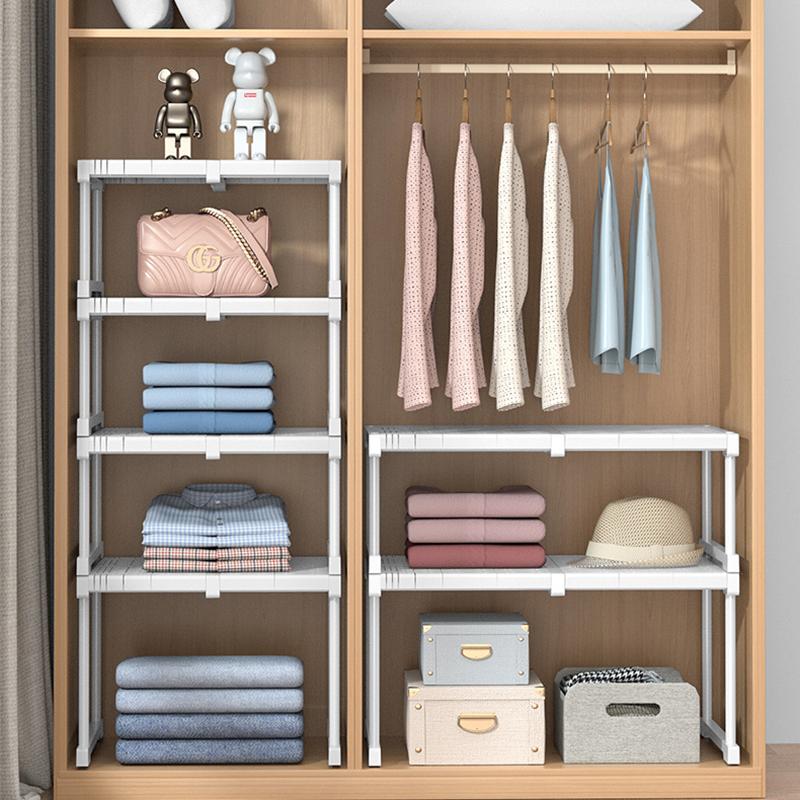 Adjustable Closet Storage No-Punch Storage Shelf Space Saving Wardrobe Decorative Shelf Cabinet Holder for Bathroom Kitchen Shoes Rack Sundry Storage