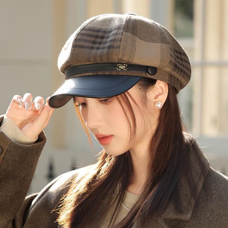 

Японская и корейская весенне-осенняя восьмиугольная шляпа женский клетчатый берет повседневная и универсальная бейсболка в британском стиле теплая шляпа художника average size