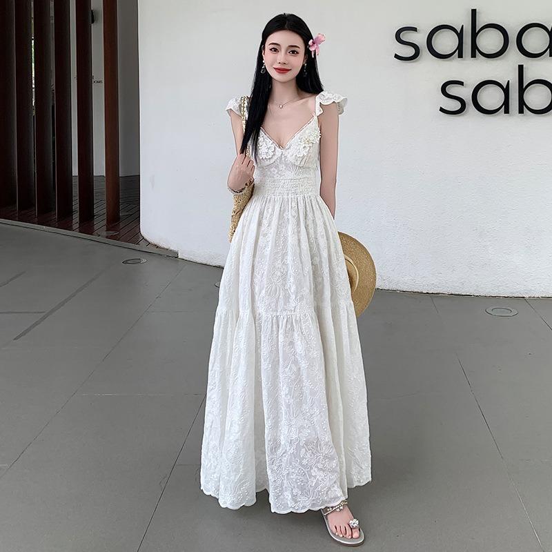 

French First Love White Lace Suspender Dress Fairy Summer Sexy Backless Seaside Vacation Beach Long Skirt L