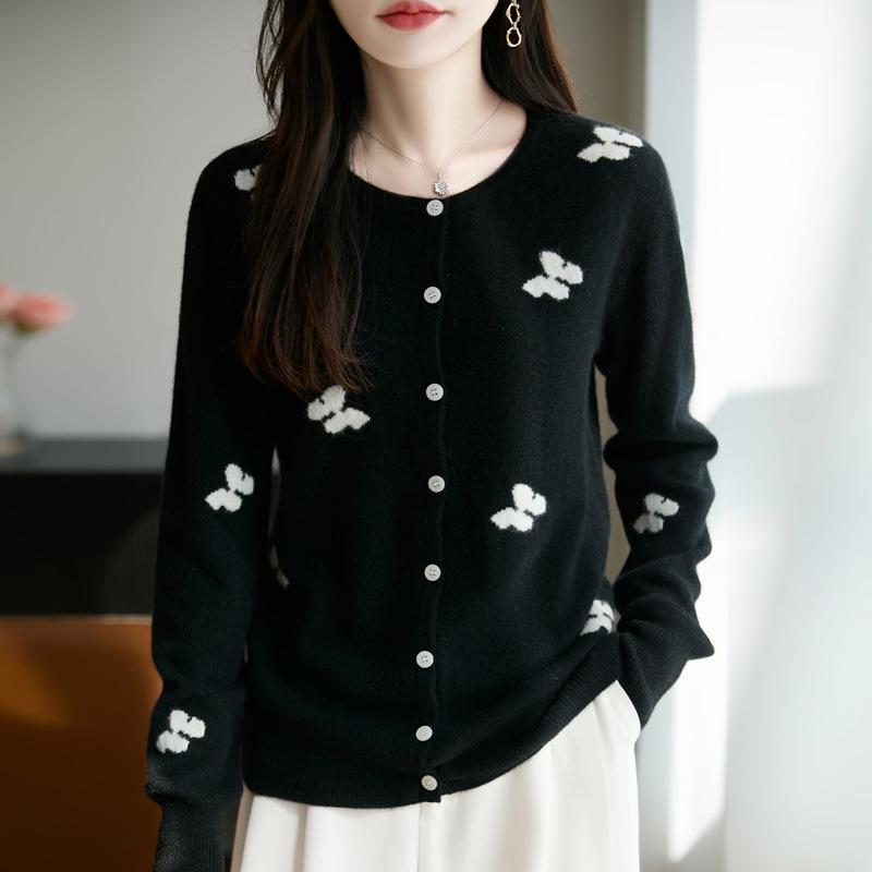 2025 Stylish Bow Jacquard Wool Knit Cardigan - Round Neck, Single-Breasted Thin Sweater Coat