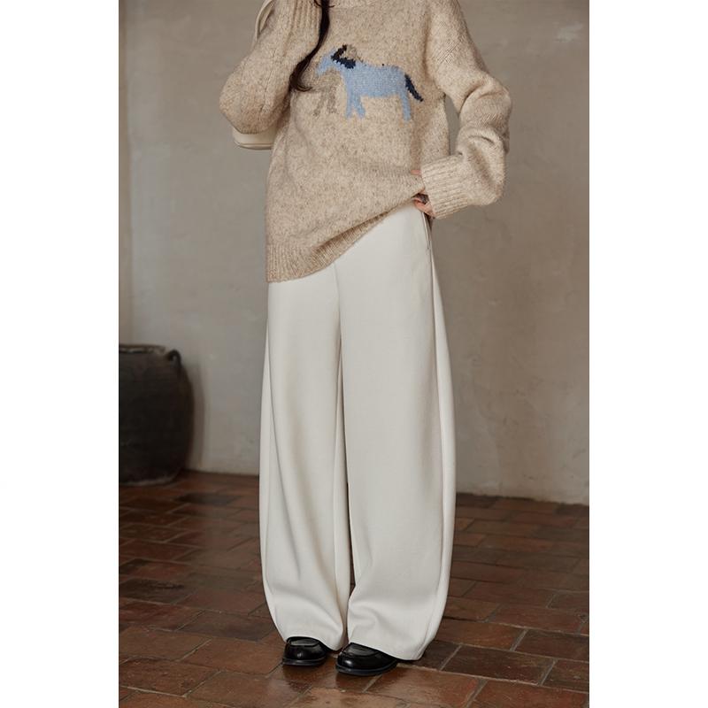 Yimeng 2025 High Waist Korean Style Wide Leg Winter Pants for Women - Unique Loose Crescent Design, White Large