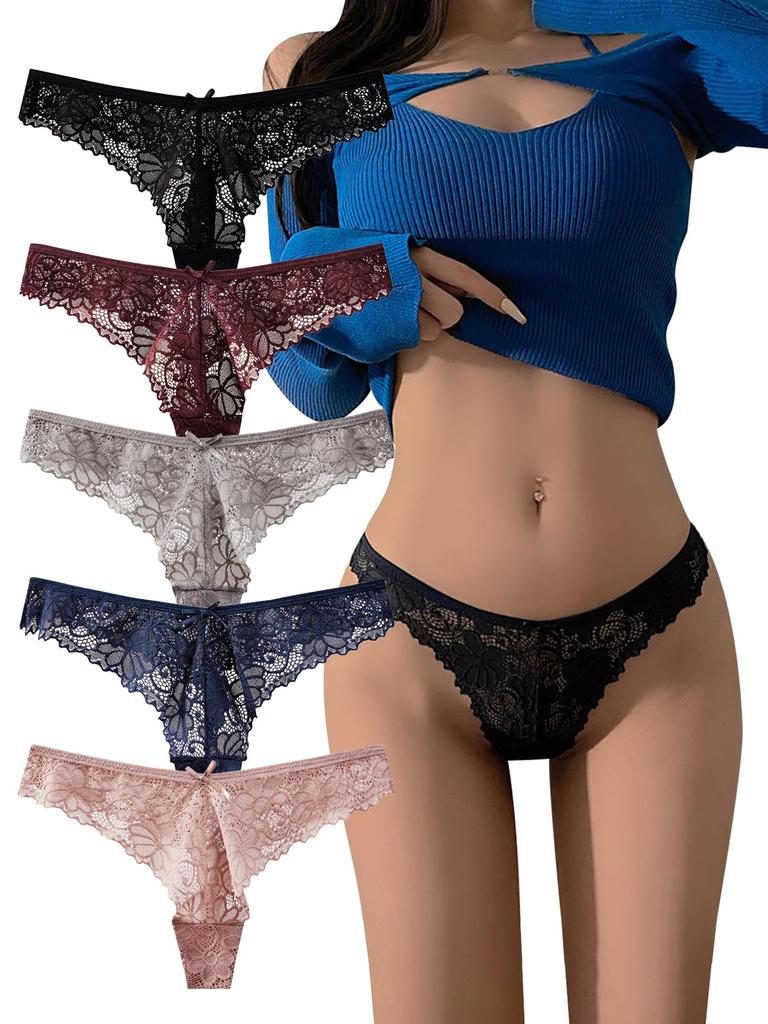 RUOXIAO Full Lace Floral Women's T-Back Panties, Print, Comfortable, Sexy, Soft, Non-Constricting, Breathable, 5-Pack