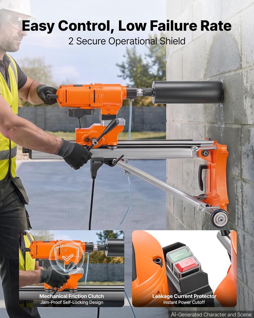 VEVOR Diamond Core Drilling Machine, Dry/Wet Concrete Core Drill Rig with 127mm Wet Drill Bit, Tiltable Stand & Wheeled Base
