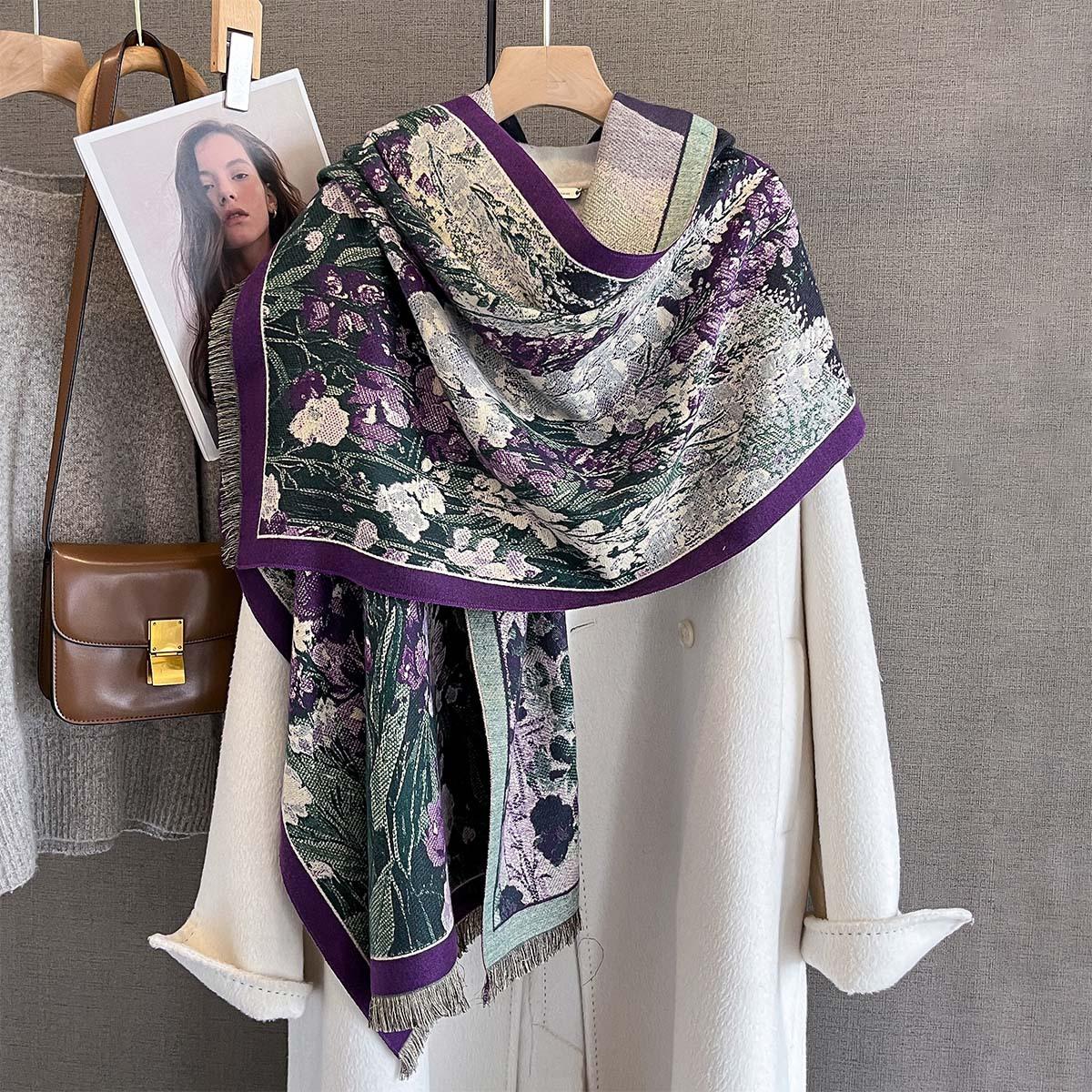 

Autumn And Winter Plant And Flower Printing Scarf Imitation Cashmere Fringed Scarf Women S High-End Warm Shawl
