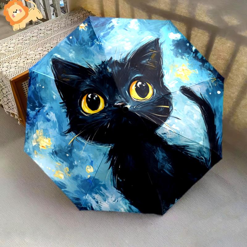 Night Cat  pattern, automatic folding umbrella, portable and foldable design, 8 ribs, a Christmas or birthday gift.