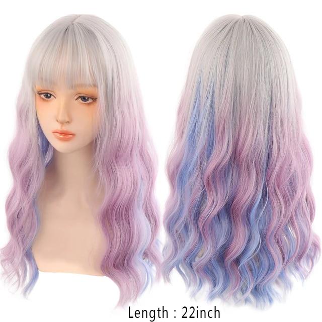 Synthetische Perücken für Frauen, tägliche Cosplay, lange Wasserwelle, Lolita-Perücke mit Pony, kaltbraun, hitzebeständiges Haar, Bob-Perücke