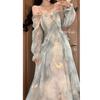French super fairy smudged mist square collar floral dress women's gentle wind temperament butterfly lotus leaf edge skirt European and American