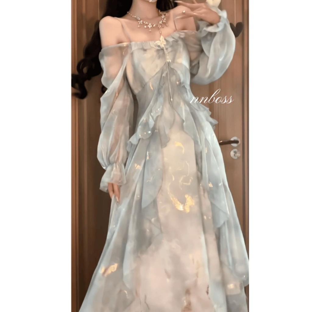 French super fairy smudged mist square collar floral dress women's gentle wind temperament butterfly lotus leaf edge skirt European and American