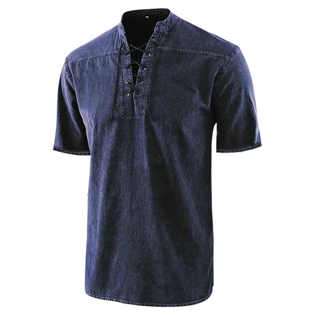 Men's Casual, Fashionable, Retro Lace-up Stand-up Collar Pullover Short-sleeved Top