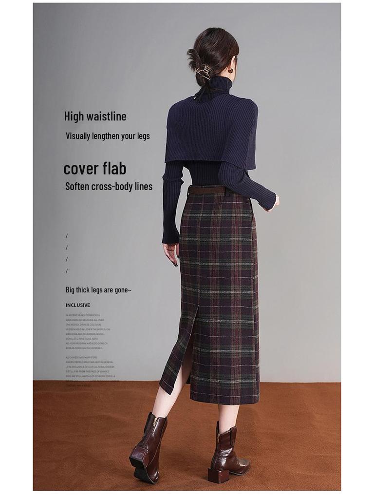 Plaid Wool Blend Split Pencil Skirt - 2025 Winter Mid-Length Vintage Style