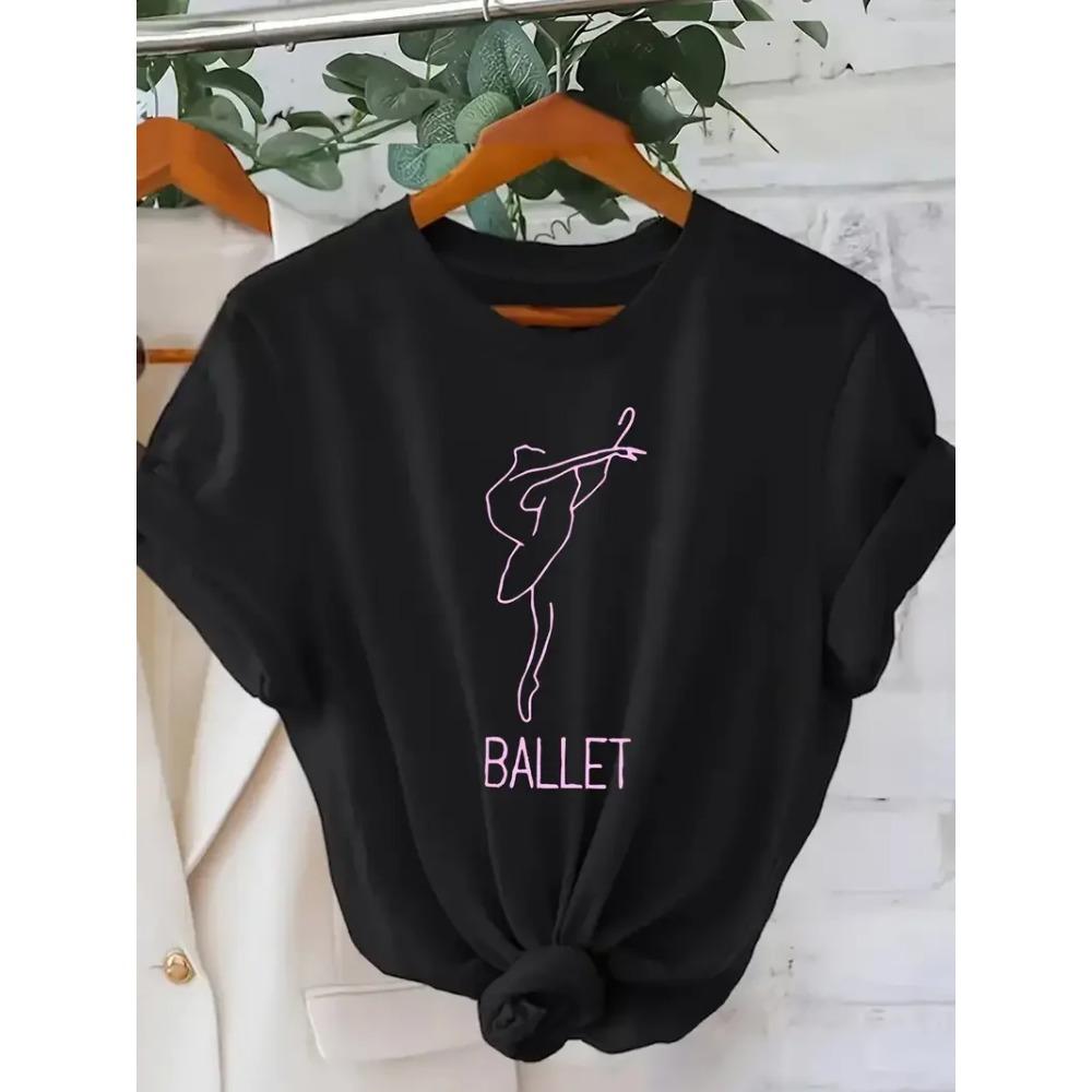 Women's Elegant Ballet Themed Graphic Tee Short Sleeve Crew Neck T-Shirt with Dancing Figure Design Ballet Dancer