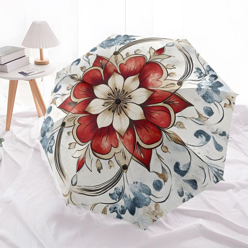 1pc Red Floral Mandala Design Umbrella with Plastic Handle,Suitable for All Seasons Home Travel Outdoor UmbrellaDD1340