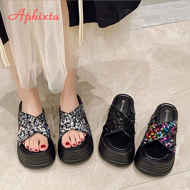Aphixta Platform Sequined Cloth Sandals Slippers 8cm High Heels Women Slides Summer Beach Shoes For Woman