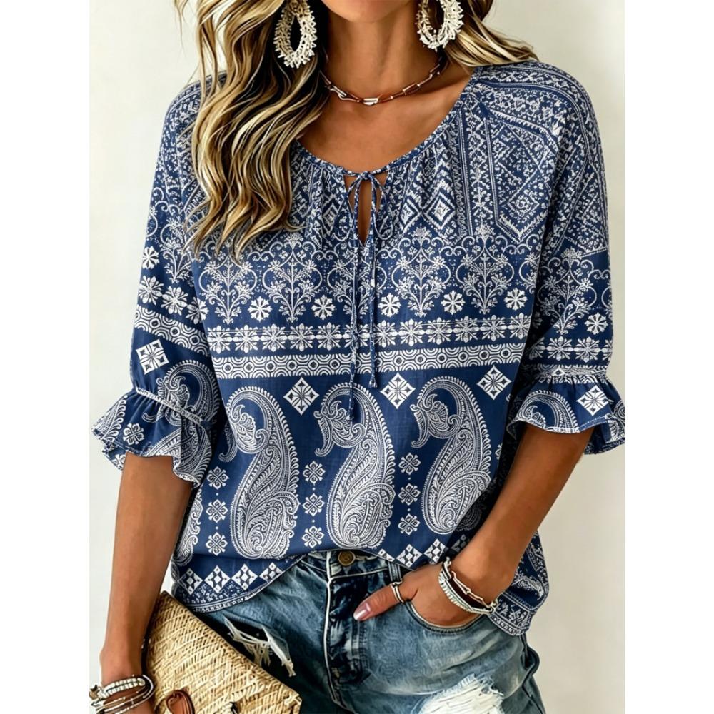 Women's Beige Paisley & Ethnic Print Tie Front Blouse, Casual Loose Top for Spring Summer Daily Wear