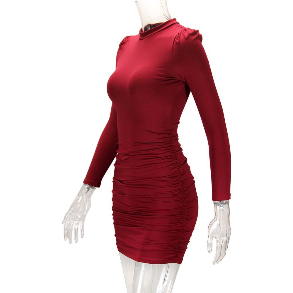 Slim Fit Puff Sleeve Bodycon Dress - Sexy Mid-Length Long Sleeve