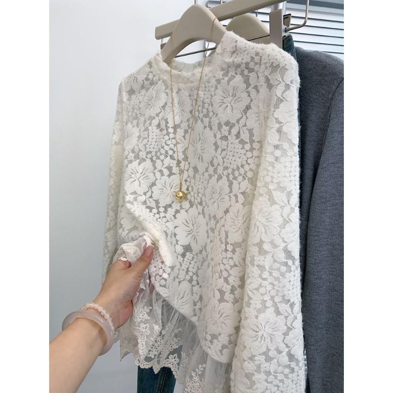 Spitzen-Langarm-Damen-High-End-Leichtluxus-Altersreduzierendes und Stilvolles Neues Design Nischen-Oberteil