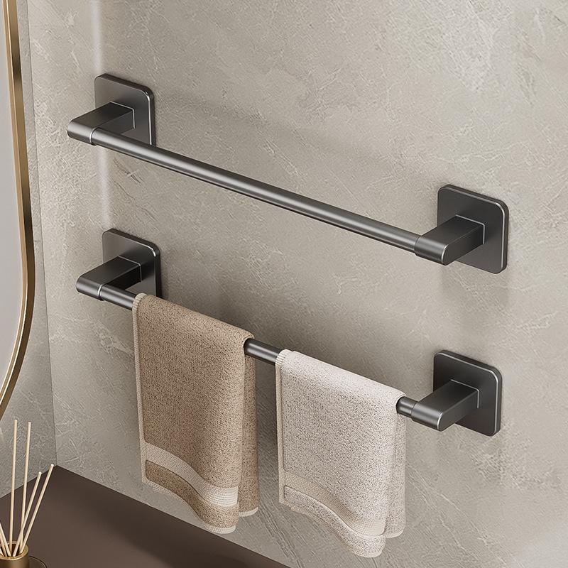 No-Punch Wall-Mounted Bathroom Towel Rack with Single Bar and Storage Shelf