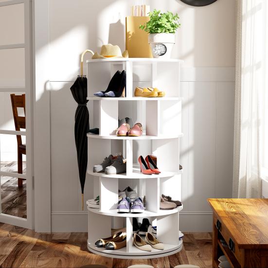 Shoe Rack Rotatable Angle White Finish Round 5 Tiers Stable Base Large Capacity Wooden Shoes Storage Stand Home