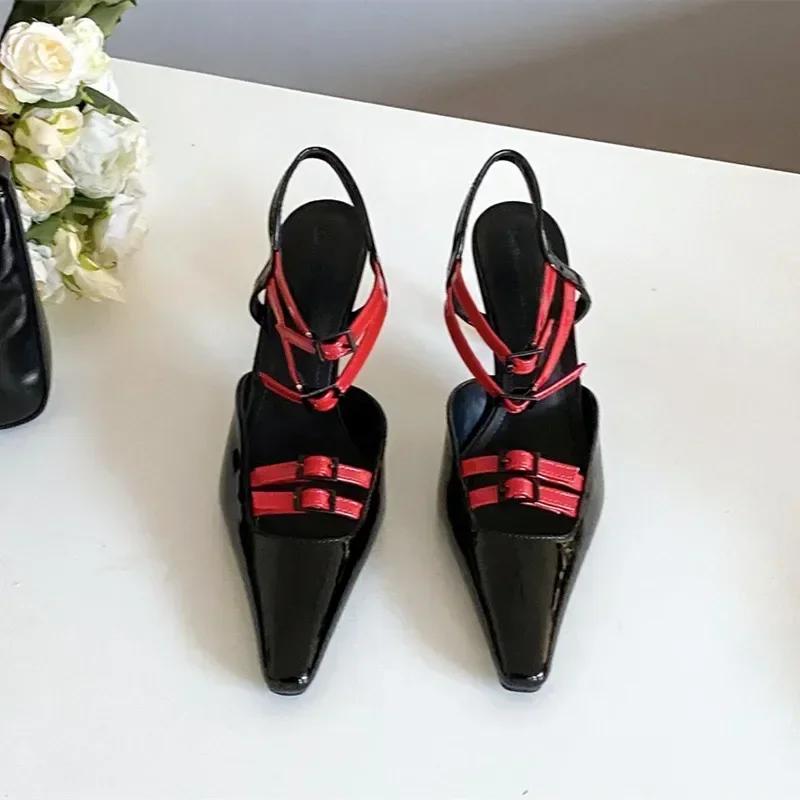Novelty Straps Buckle Designer Thin High Heels Women Sexy Pointed Toe Heeled Sandals Patent Leather Women Pumps Wedding Shoes