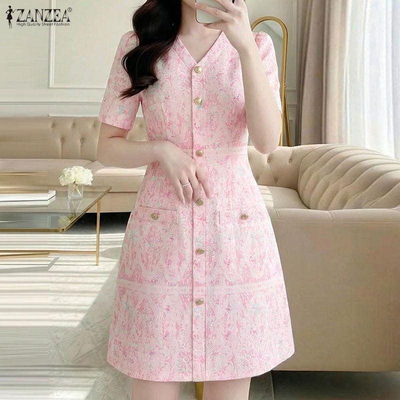 ZANZEA Women Elegant Print Casual V-Neck Summer Short Sleeve Dress