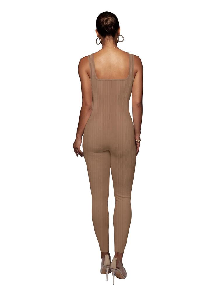 Women's Solid Color Ribbed Sleeveless Bodysuit: Square Neck, Backless, Hip-Lifting Slim-Fit Jumpsuit