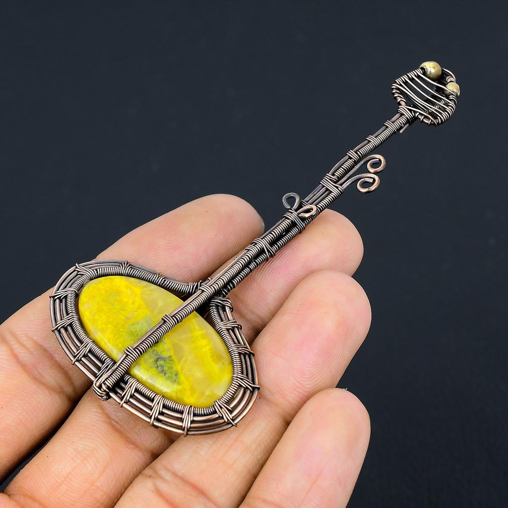 Guitar Bumblee Bee Jasper Handmade Copper Wire Wrap Pendant 3.82 g4m13