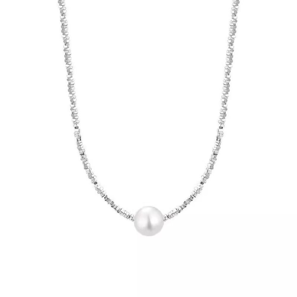 S925 Silver Plated Pearl Necklace Women Luxury Minimalist Jewelry Set with Broken Silver Bracelet Elegant Collarbone Chain