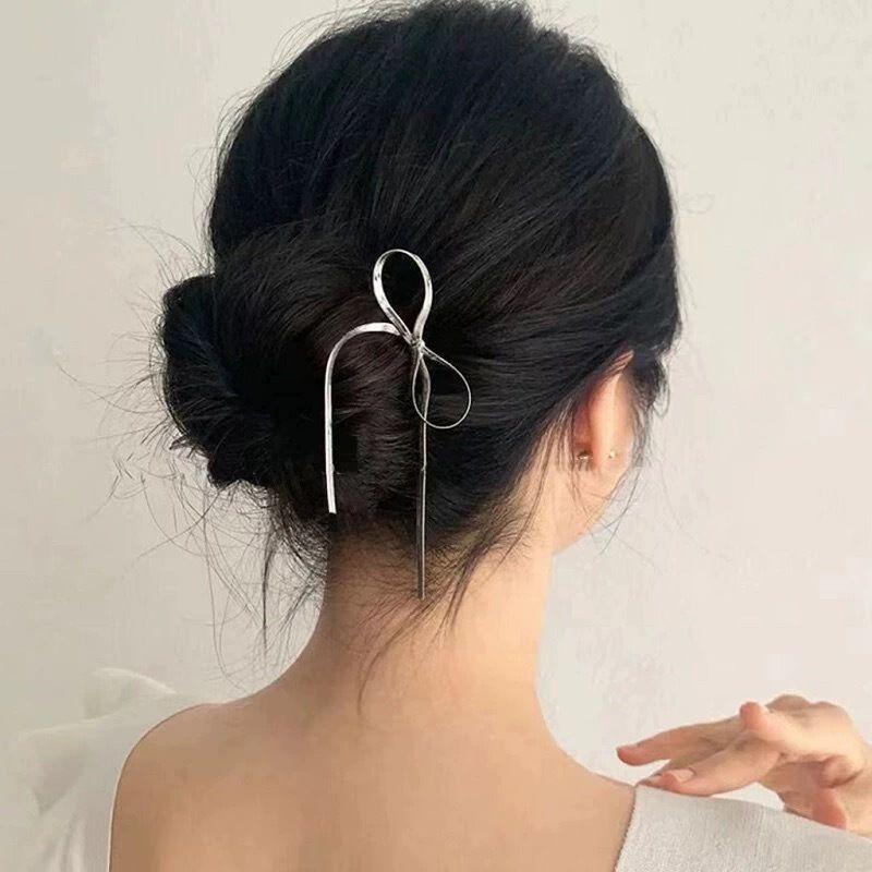Korean Hair Accessories Metal Bow U Shape Hair Pins For Women Girls Silver Gold Color Hairwear Simple Fashion Hair Sticks Gifts