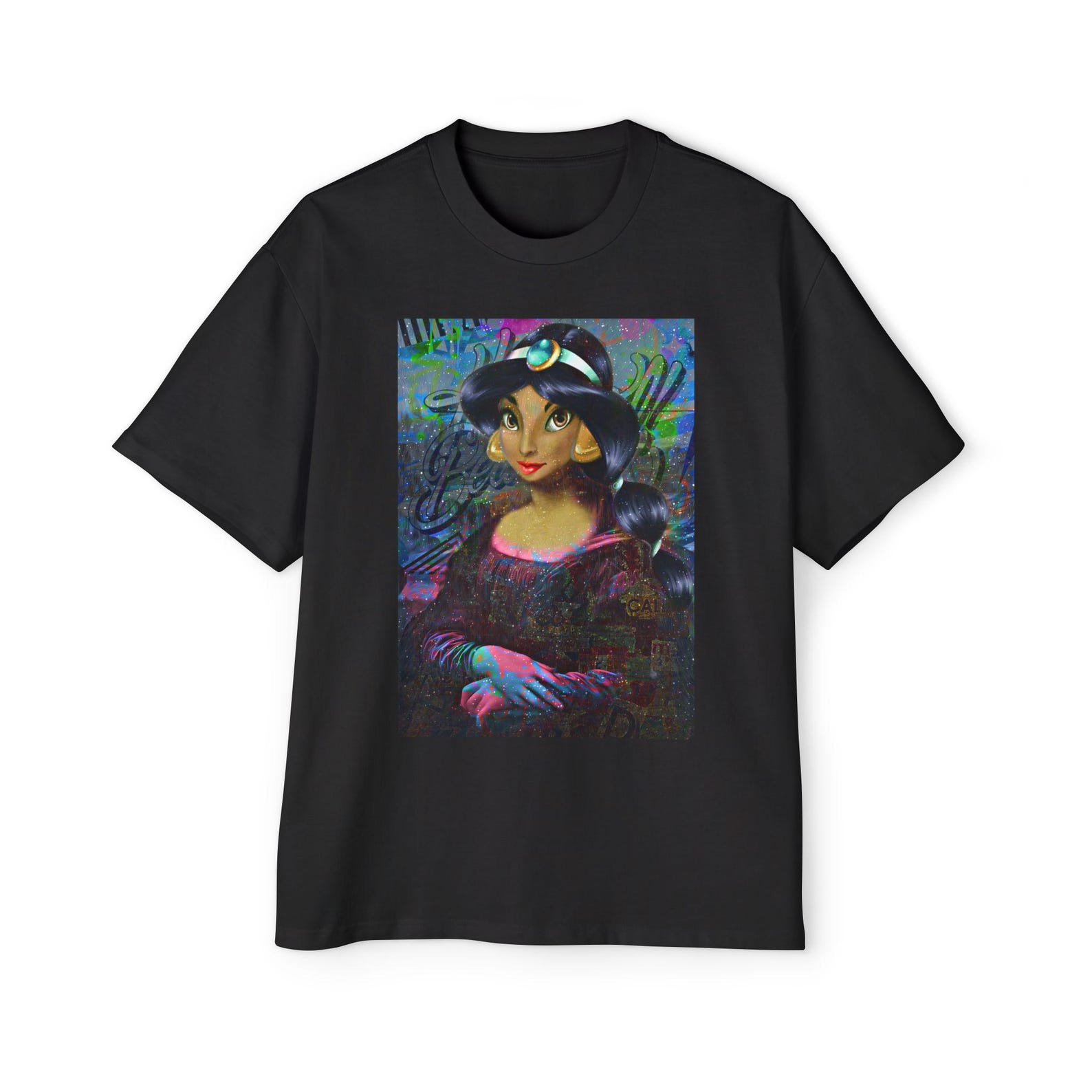 Princess Mona Lisa Jasmine Tee | Urban Graffiti Fairytale Streetwear Shirt | Aladin Inspired Graphic Renaissance Princess Portrait Tee S