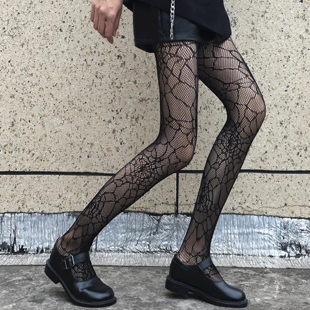 Sexy Hollowed Lace Mesh Stockings Bottomed Pantyhose Classic Lolita Fishnet  Women Netting Gothic Punk Retro Spider Web Tights