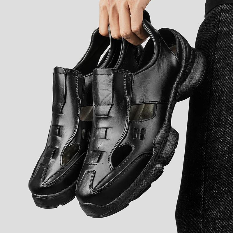 Fashion Men Summer Casual Shoes Genuine Leather Fashion Sandals Breathable Outdoor Sandalias Man Anti-collision Lace-Up Shoes Sneakers