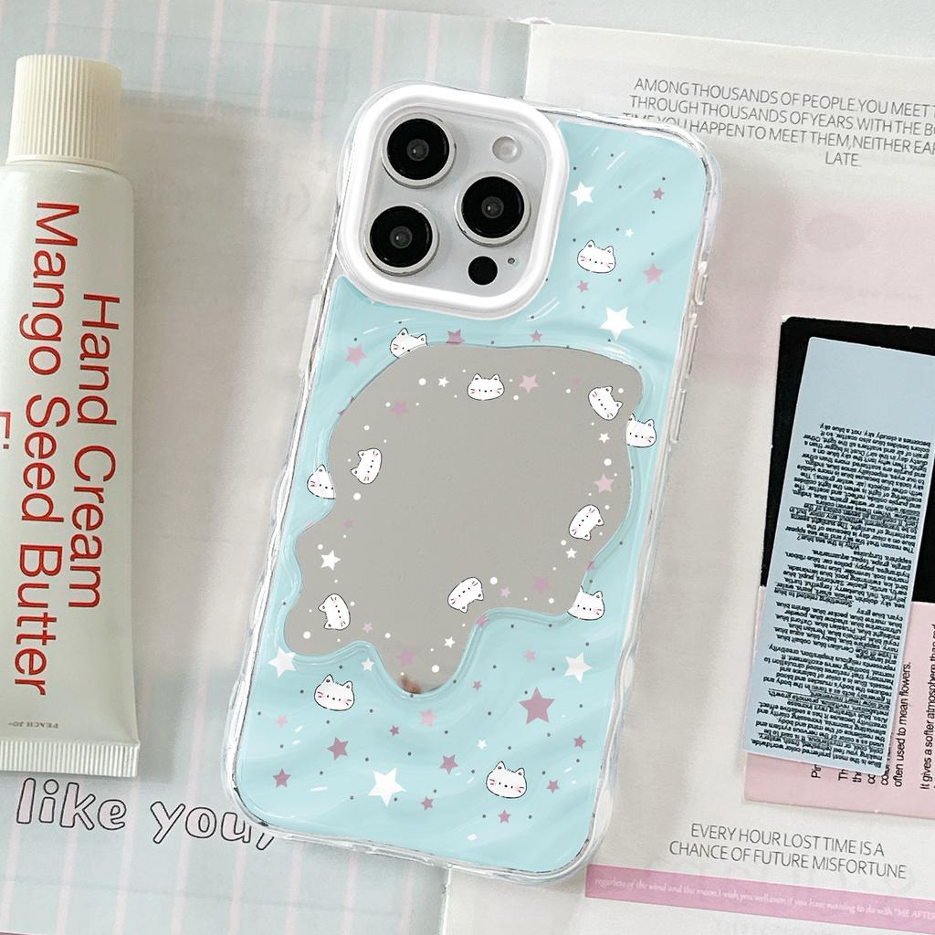 Cute Cat Wave Mirror Is Suitable for Apple 16/15/iphone13promax Huawei Makeup Mirror Mobile Phone Case